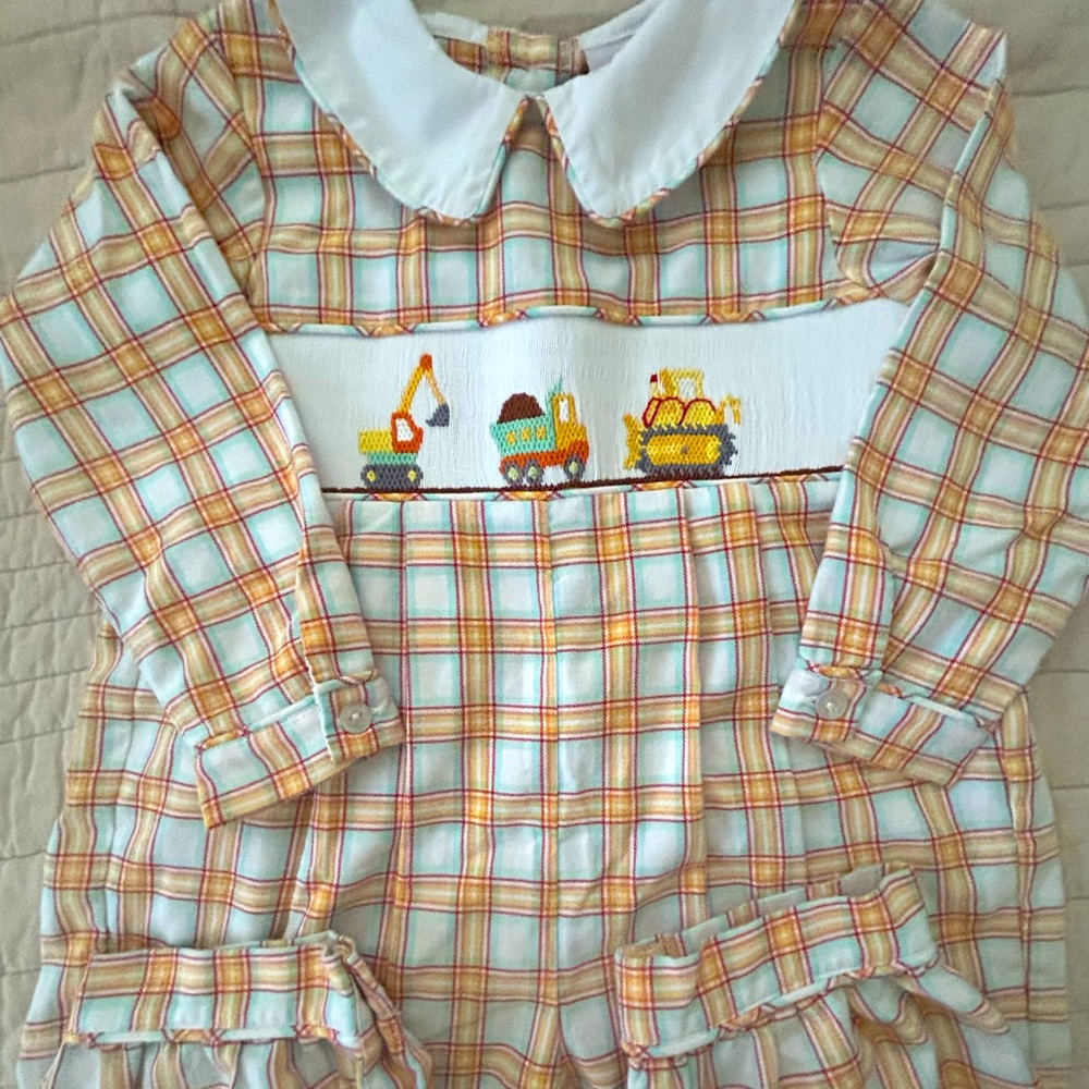 Shrimp and Grits Boys Construction Smocked Long Bubble - 2T